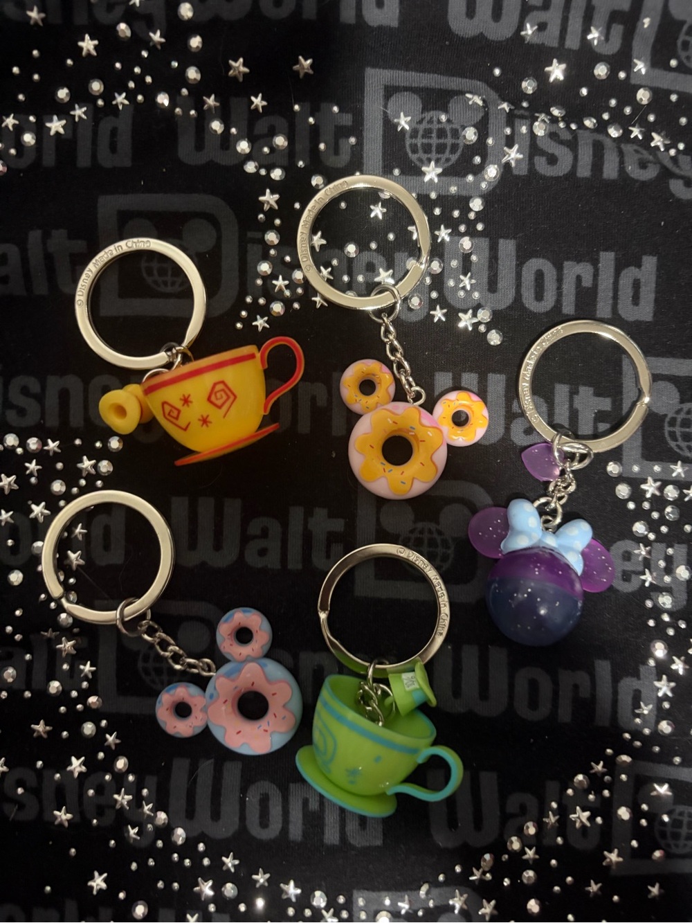 Cute Disney-Inspired Keychain Set — Colorful Donut & Teacup Charms
